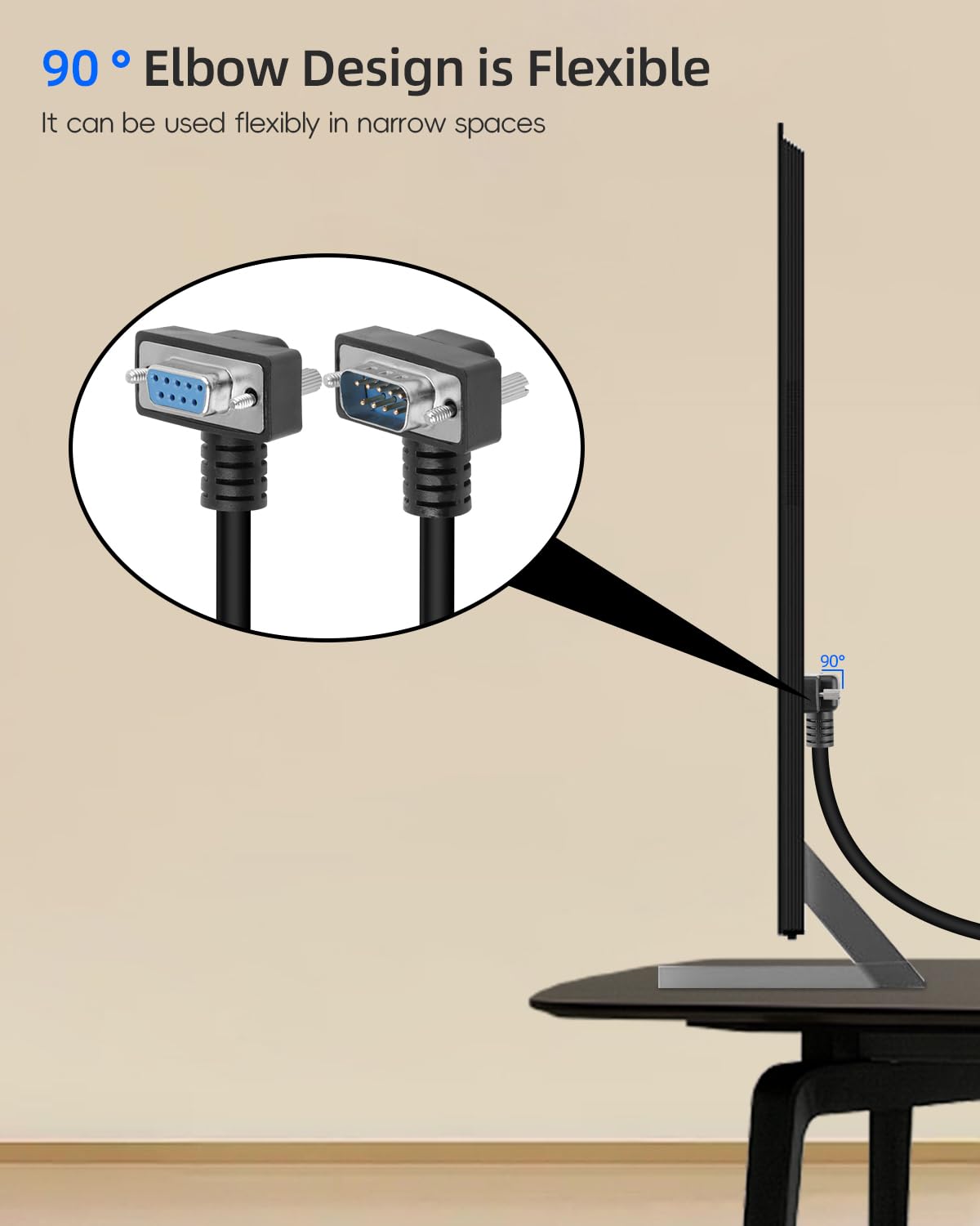 RS232 Serial Cable, 90 Degree DB9 Male to Female 9 Pin Straight Through Extension Cable for Data Access (1.6FT)