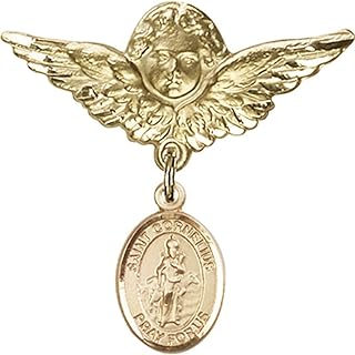 14kt Yellow Gold Baby Badge with St. Cornelius Charm and Angel w/Wings Badge Pin 1 1/8 X 1 1/8 inches