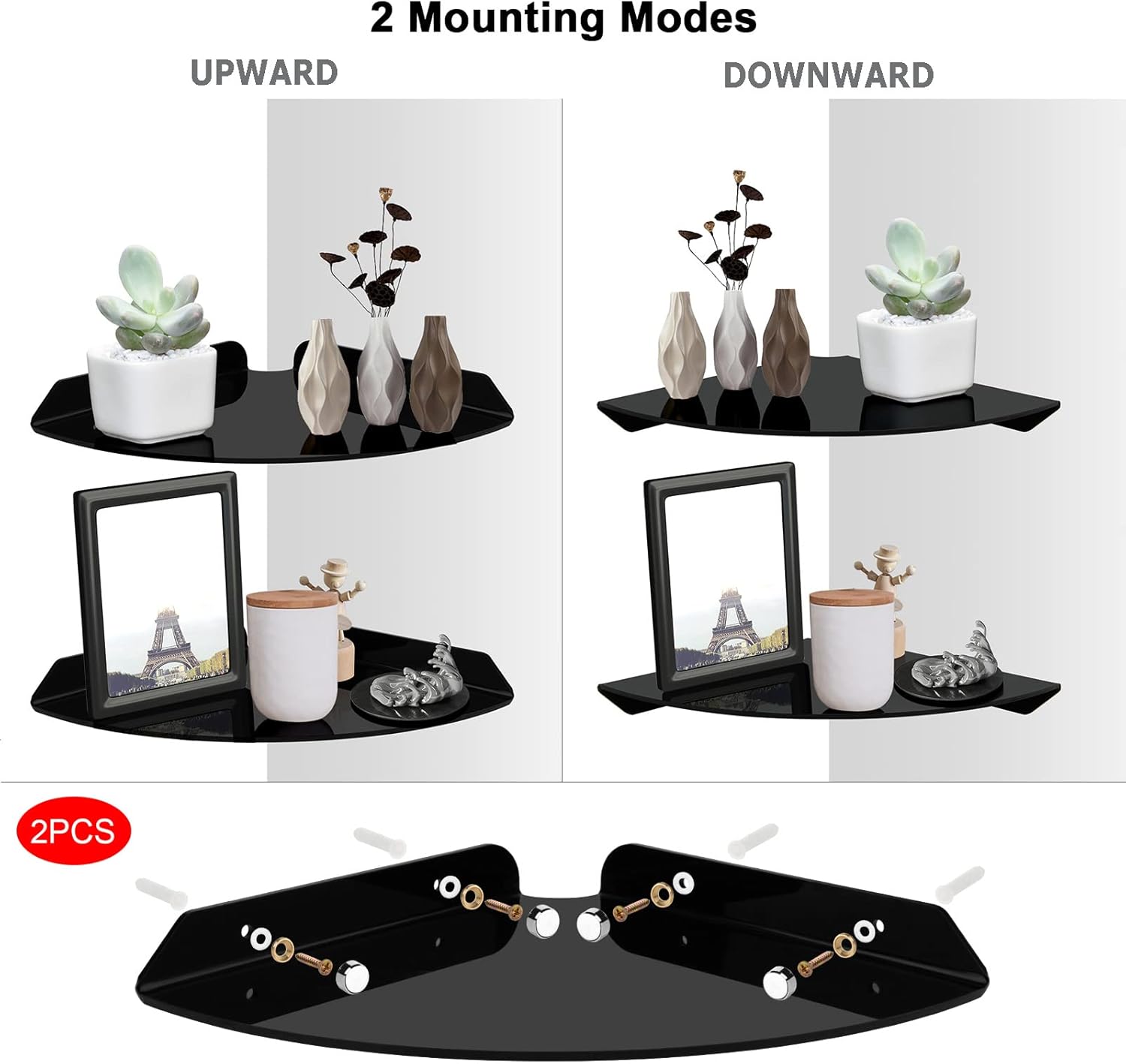 Cosmos 2 Pcs Acrylic Wall Mount Floating Corner Shelves Quarter Round Shower Shelf Hanging Corner Shelves Wall Storage Display Organizer for Bathroom Kitchen Bedroom Living Room (Solid Black)