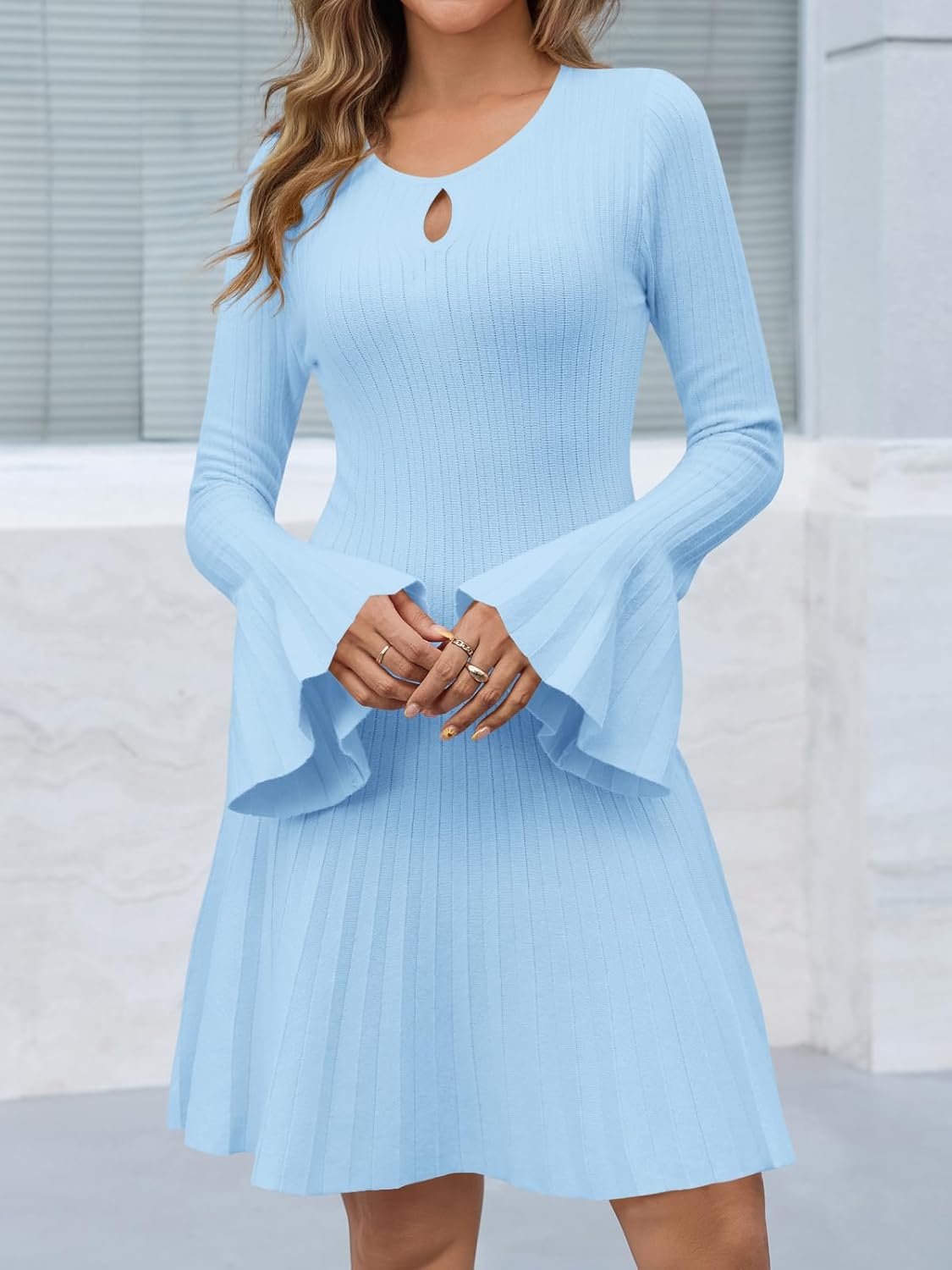 Saodimallsu Womens Long Bell Sleeve Mini Knit Dress Flowy A Line Pleated Bodycon Crew Neck Elegant Short Sweater Dresses