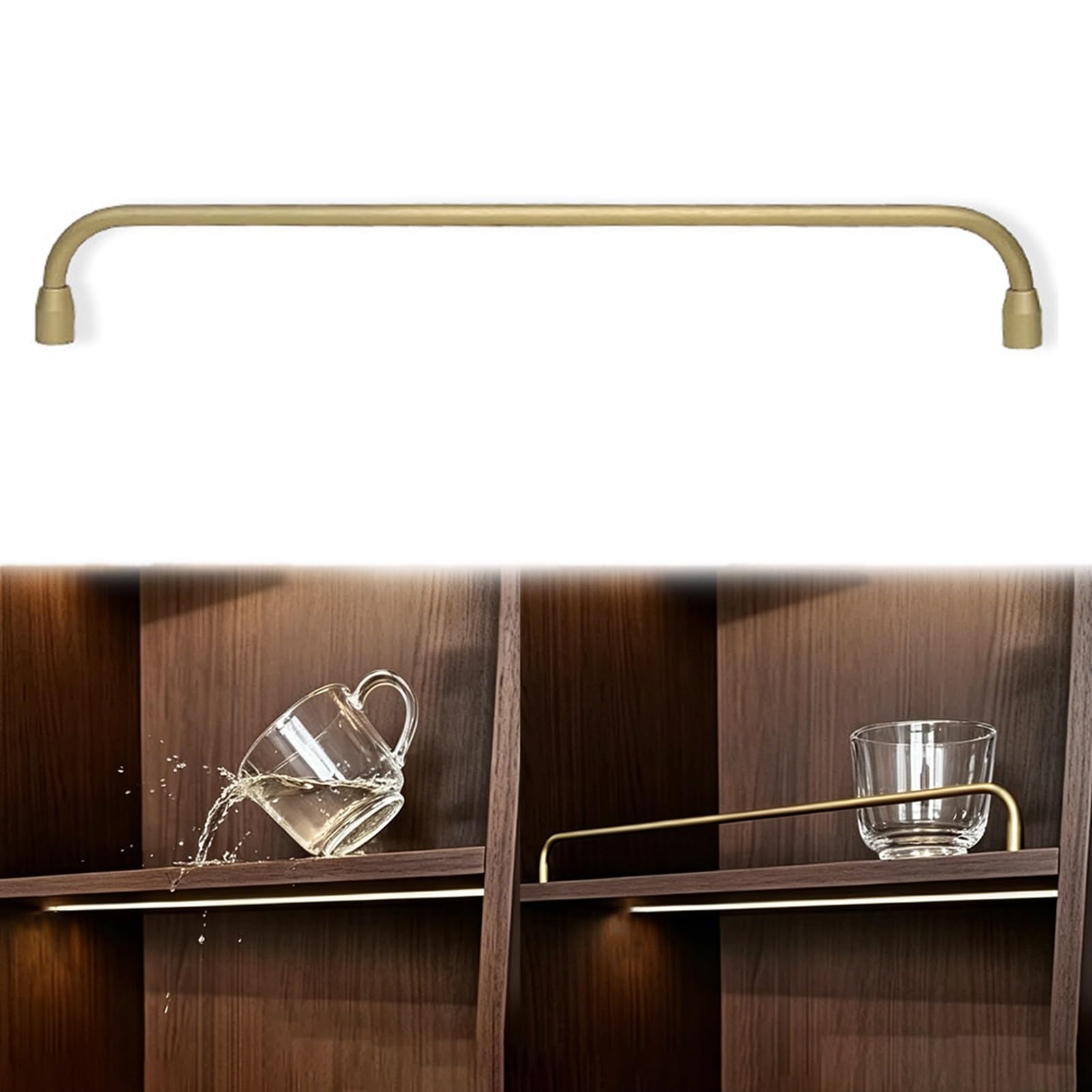 MRVAKDYDI Long Floating Shelf Railing Rod, Curved Tipping Shelf Guard Rail for Cabinet, Aluminum Gold, Multiple Sizes(46in/117cm)