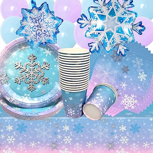 Stoviglie per Feste Fiocco di Neve,Doyomtoy 75 Pezzi Decorazioni per Feste di Neve Palloncini da Neve Decorazione da Tavolo nel Paese delle Meraviglie Invernali per Weihnachten Snowflake Party