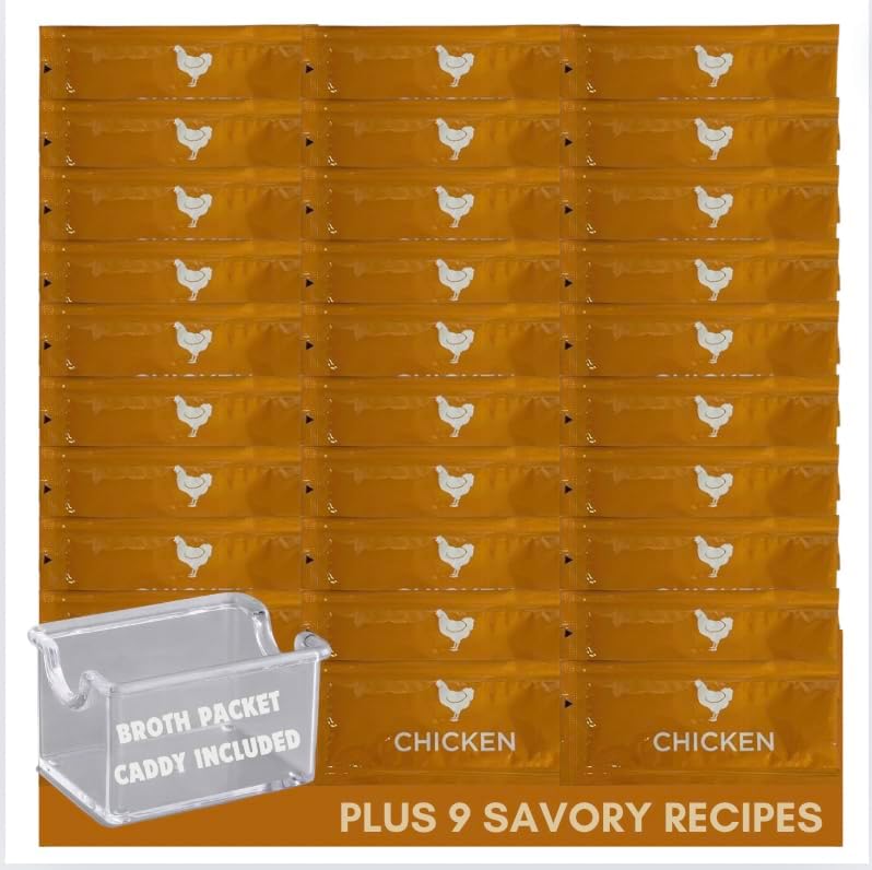 Savory Choice Chicken Broth Concentrate Reduced Sodium Packets (30 packs) Bundled with Chicken Stock Concentrate Packets Caddy and 9 Recipes by Foxtail Collective, Convenient, Gluten-Free, Dairy-Free