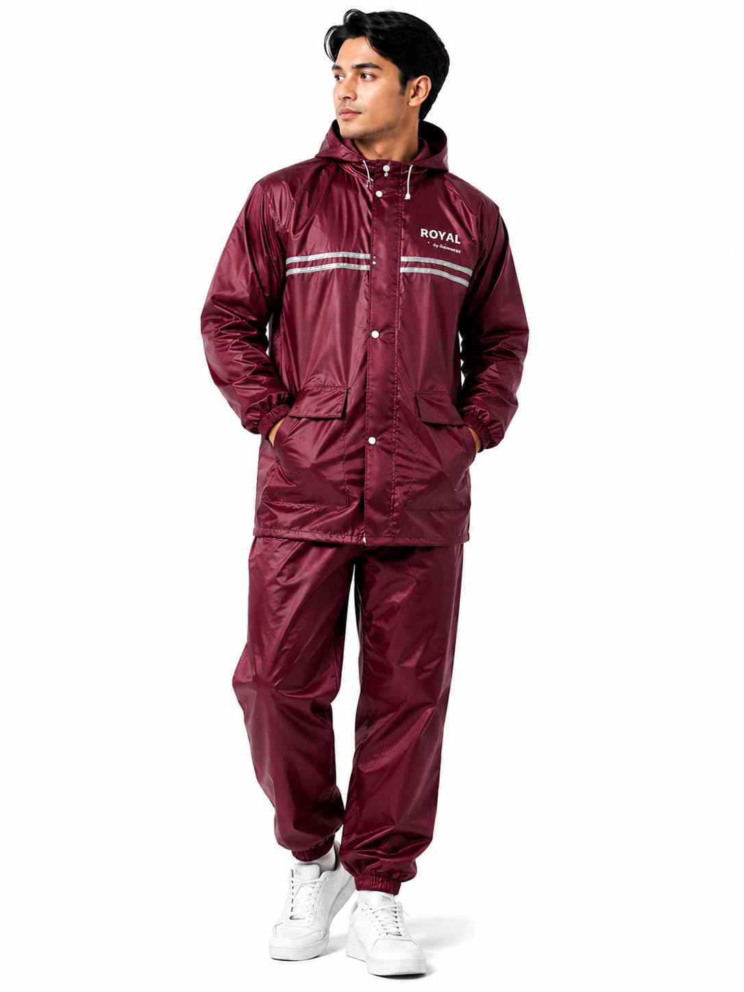 Royal Waterproof Rain Suit for Men | Heavy Duty PVC Raincoat with Hood | Reflective Stripe Jacket & Pant Set | Reusable Full Body Monsoon Rainwear for Bike Riding, Travel & Outdoor Work | Burgundy-image-28