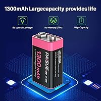 Vista 3 de Baterías recargables de 9 V, baterías de iones de litio de alta capacidad de 1300 mAh de larga duración de 9 voltios con cable de carga rápida USB C