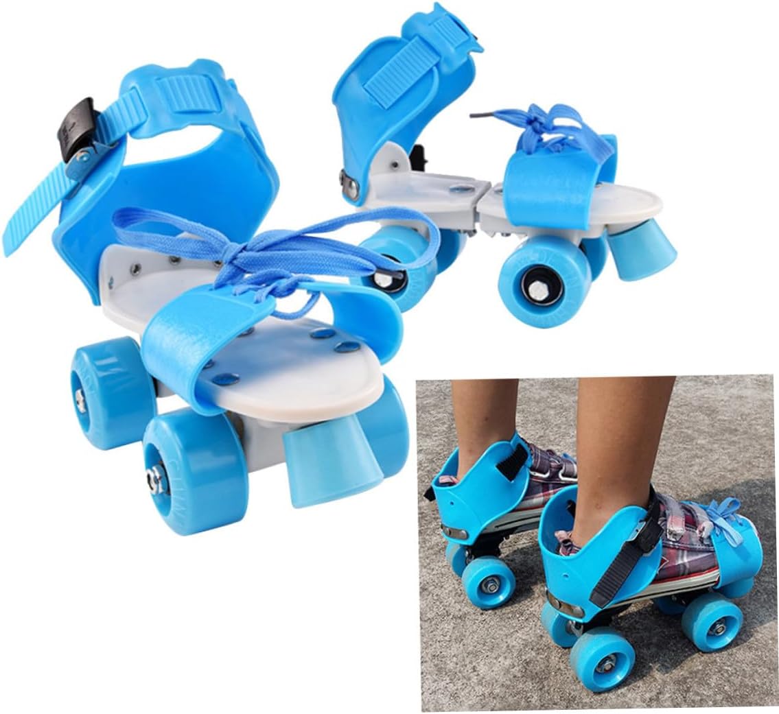 S Adjustable Double Row Four Wheels Skate Shoes with Shoelace Strap Blue Protective Roller Skates for Boys and Beginners
