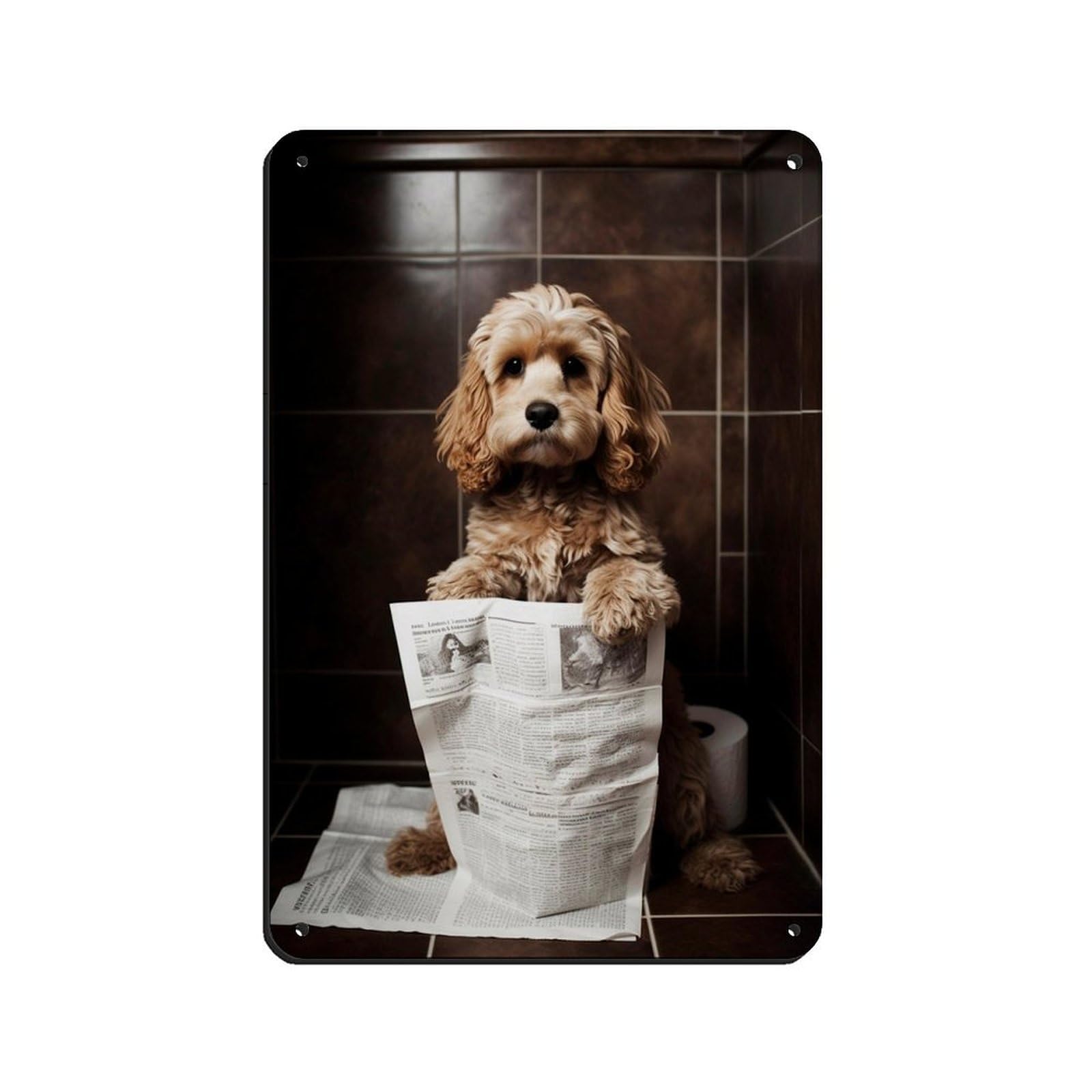 Cocker Spaniel Reading The Newspaper on The Toilet Bowl Tin Sign Vintage Metal Pub Club Cafe Bar Home Wall Art Decoration Poster Retro 8x12inch(20x30cm)