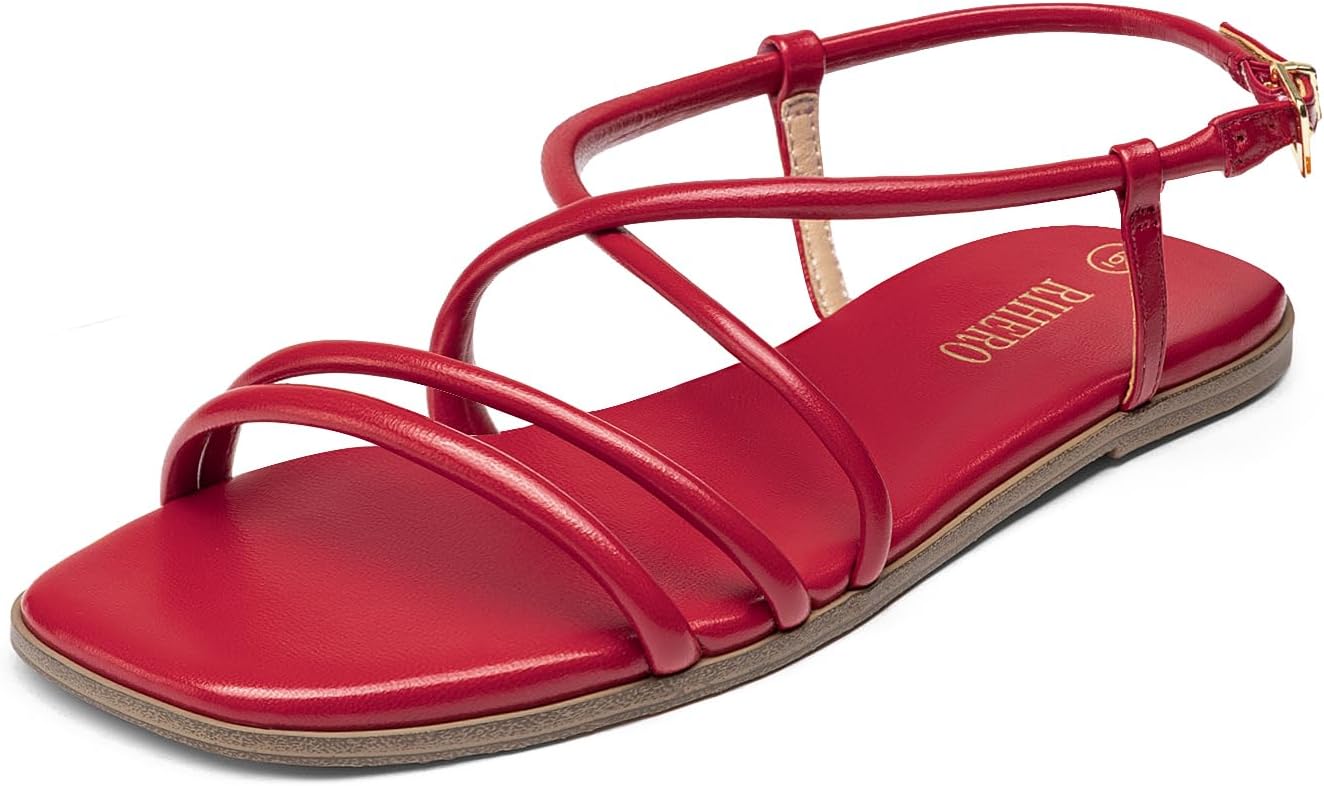 Rihero Women's Strappy Flat Sandals Summer Lace Up Open Toe Comfortable Slip-On Ankle Strap Sandals