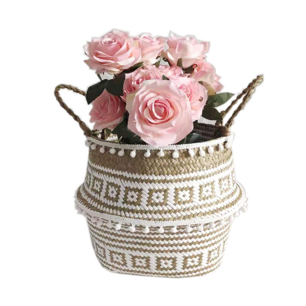 Panier De Rangement Pliable En Jonc De Mer Naturel - Avec Pompons Et Poignée - Pour Linge, Jouets, Plantes - Taille L (32x28 Cm) - 7