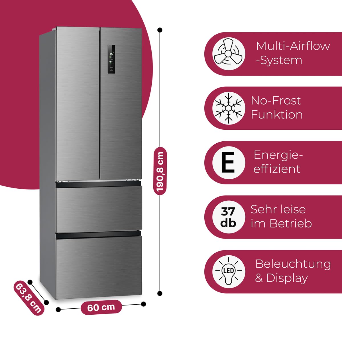 Bomann, Réfrigérateur et Congélateur 400L Inox KG7354-Inox, Capacité 251L Réfrigérateur & 149L Congélateur, Système MultiAirflow, Écran LED Tactile, Absence de Givre, Économie d'Énergie, 37 dB
