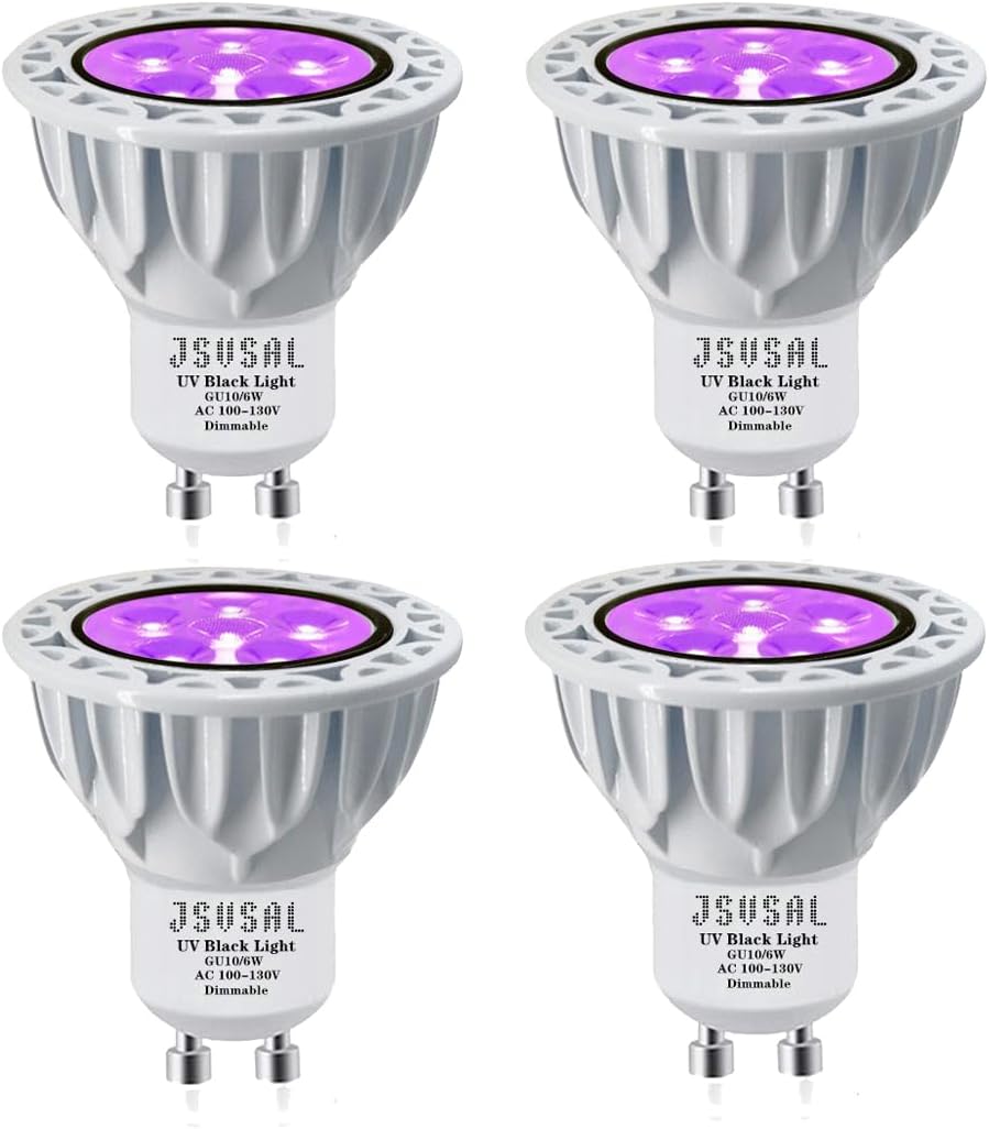 LED Blacklight Bulbs,MR16 GU10 Base,AC 85-265V 6W,Wavelength 395-400nm, Glow in The Dark for Blacklight Party,Stage Lighting,DJ Dance Party,Holiday Decorations,Not Dimmable,4-Pack