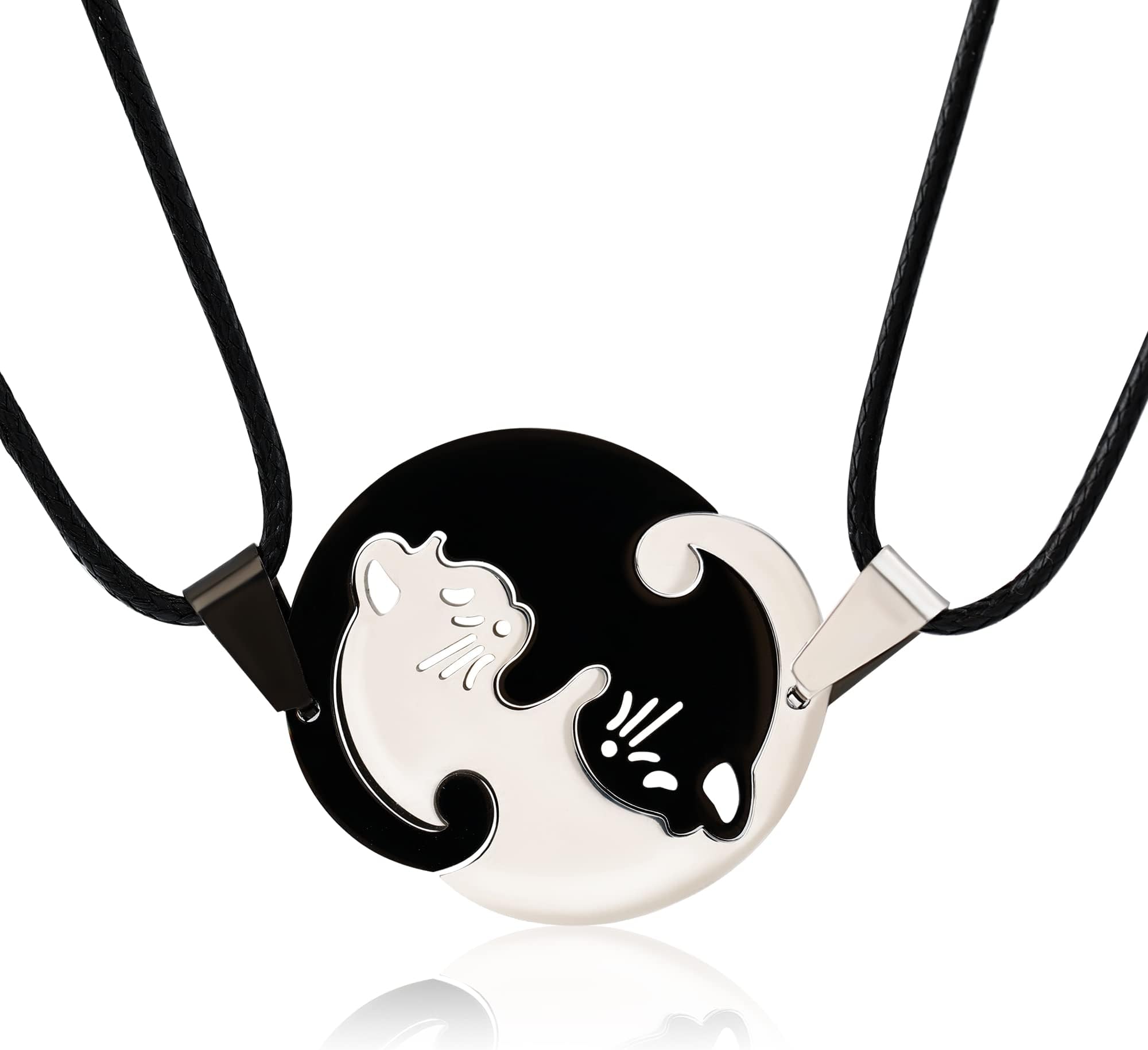 Matching Cat Yin Yang Necklace for Couples Women Men, Stainless Steel Puzzle Pet Dog BFF Necklaces for 2, Funny Cat Dog Lovers Gifts