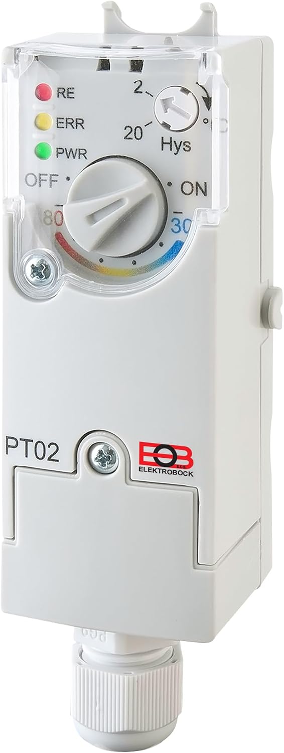 ELEKTROBOCK PT02 Application Thermostat Electronic Temperature Controller 230 V with Integrated Sensor and Adjustable Hysteresis Designed for Heating Pipes / Suitable for Pump Control
