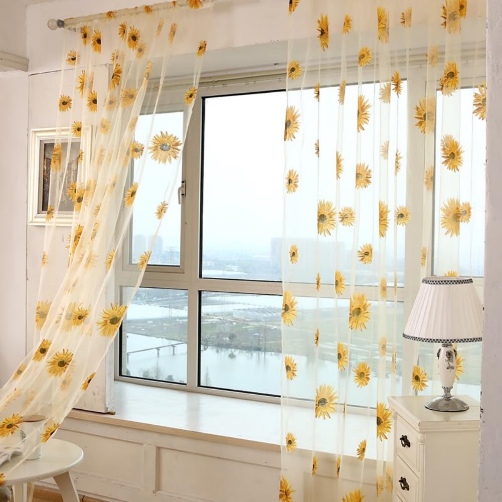 Buachois Sheer Curtain European Jacquard Embroidered Sunflower Pattern Transparent Balcony Window Curtains Decor for Bedroom Living Room 100 * 200CM