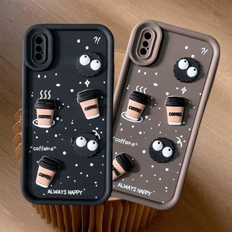 Image of Back Case Cover Compatible for iPhone Xs | Pack of 2 Combo Black & Brown Case | Cute Fun Cartoon 3D Ball Coffee Silicone Case | Body Protection | Camera Protection | Shock Proof