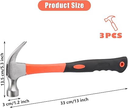 3 Pcs Hammer Set, 33 cm Claw Hammers 17 oz with Curved Ergonomic Handle, Heavy Duty Hanmmer with Claw, High Hardness Steel Hammers for Pulling Nails, Wood Working, Professions