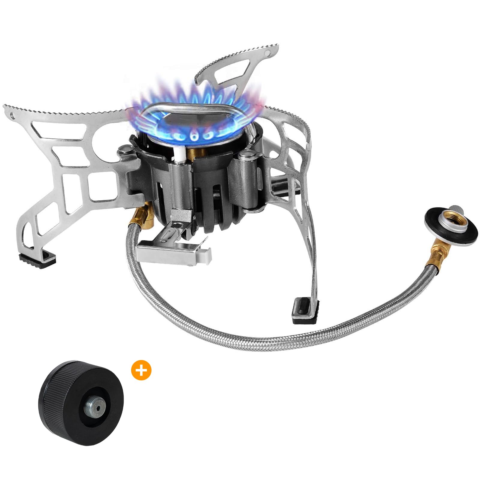 Bulin Réchaud Camping Portable avec Pare-Vent et Allumage Piézoélectrique | Réchaud Gaz INOX Robuste avec Tuyau de Préchauffage et Adaptateur, pour Camping, Randonnée, Trekking et Pique-Nique