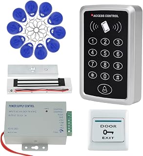 Complete Access Control System Kit – RFID Keypad Reader (125KHz, 1000 Users), 180KG/350lb Magnetic Lock, 12V 3A Power Supply, Exit Button, 10 Key Key Fobs for Home Office Security