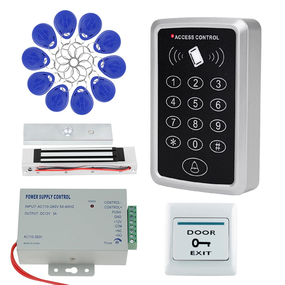 Kit de système de contrôle d'accès autonome avec serrure magnétique de 180 kg/350 lb, alimentation 12V 3A, bouton de sortie et 10 porte-clés RFID 125 kHz pour le contrôle d'accès du système de