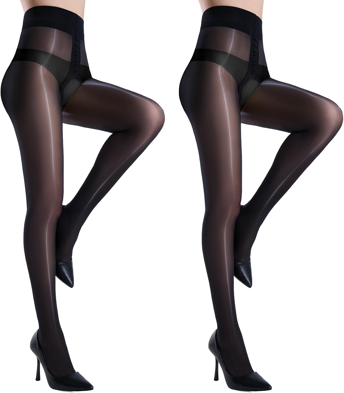 Yilanmy 2 Pairs Shiny Sheer Tights for Women Oil Shimmer Pantyhose Control Top Glossy Stockings