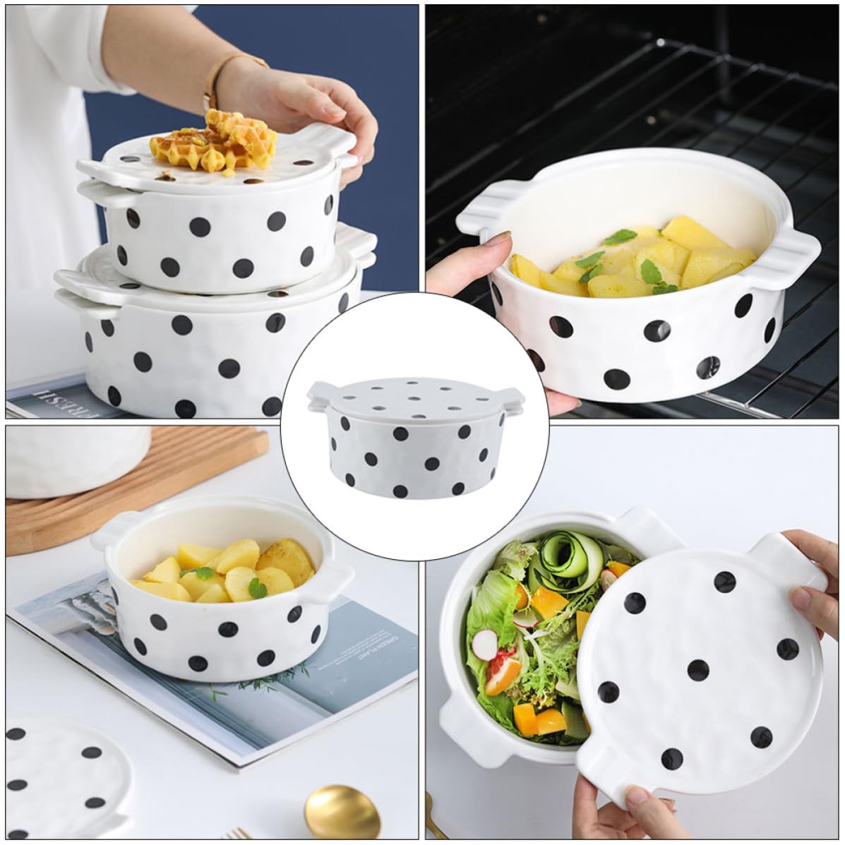 Homoyoyo Ciotola da Forno in Ceramica Bianca con Coperchio e Manici