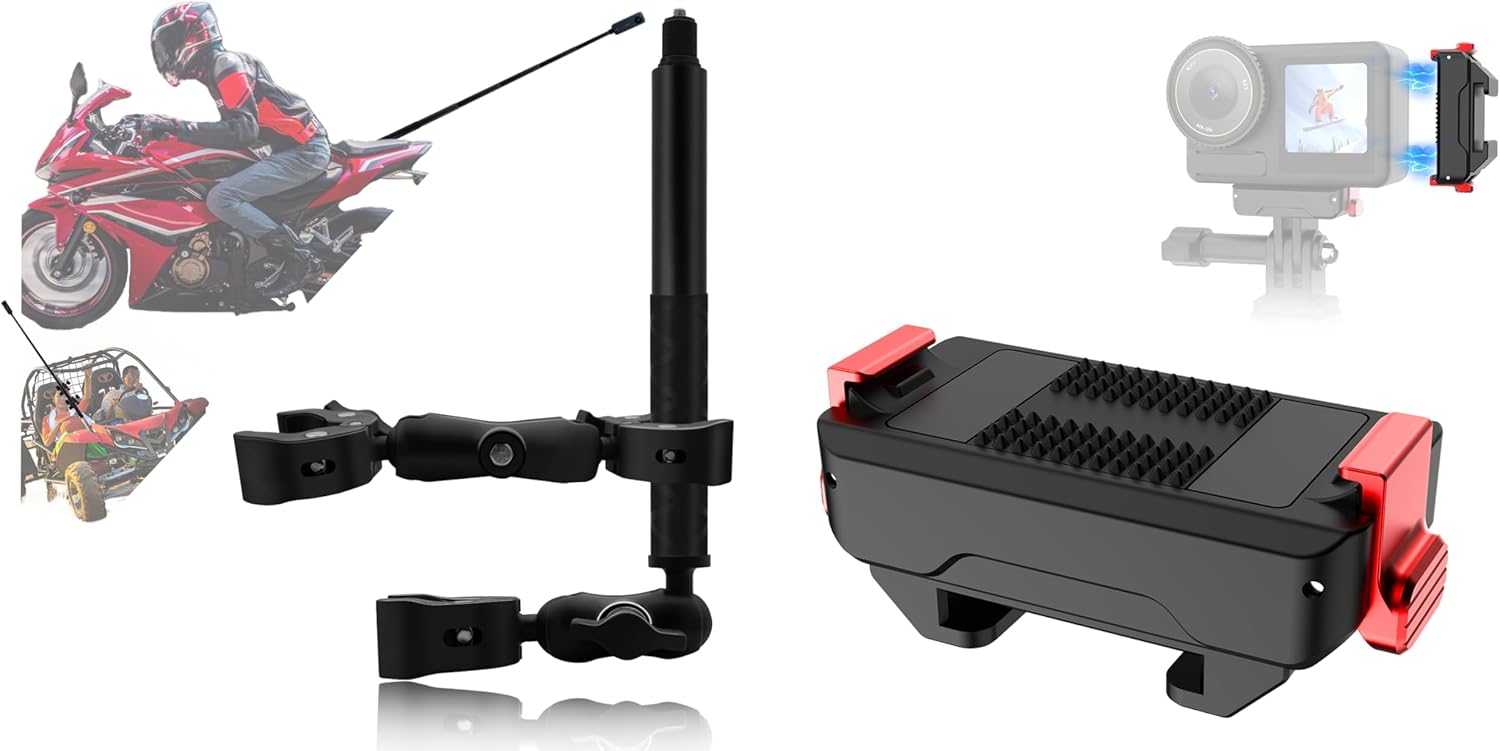 Motorcycle Double Clamp Mount Kit with 47" Invisible Selfie Stick+Magnetic Quick Release Adapter Mount, Bike Handbar Holder Compatible for DJI Osmo 360/Action 5 Pro/4/3