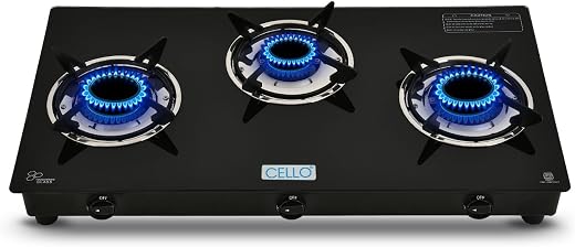 CELLO Regal Premium 3 Burner Gas Stove with Brass Burners | Toughened Black Glass Gas Cooktop | ISI Certified LPG Gas Stove | Heavy Duty Pan…