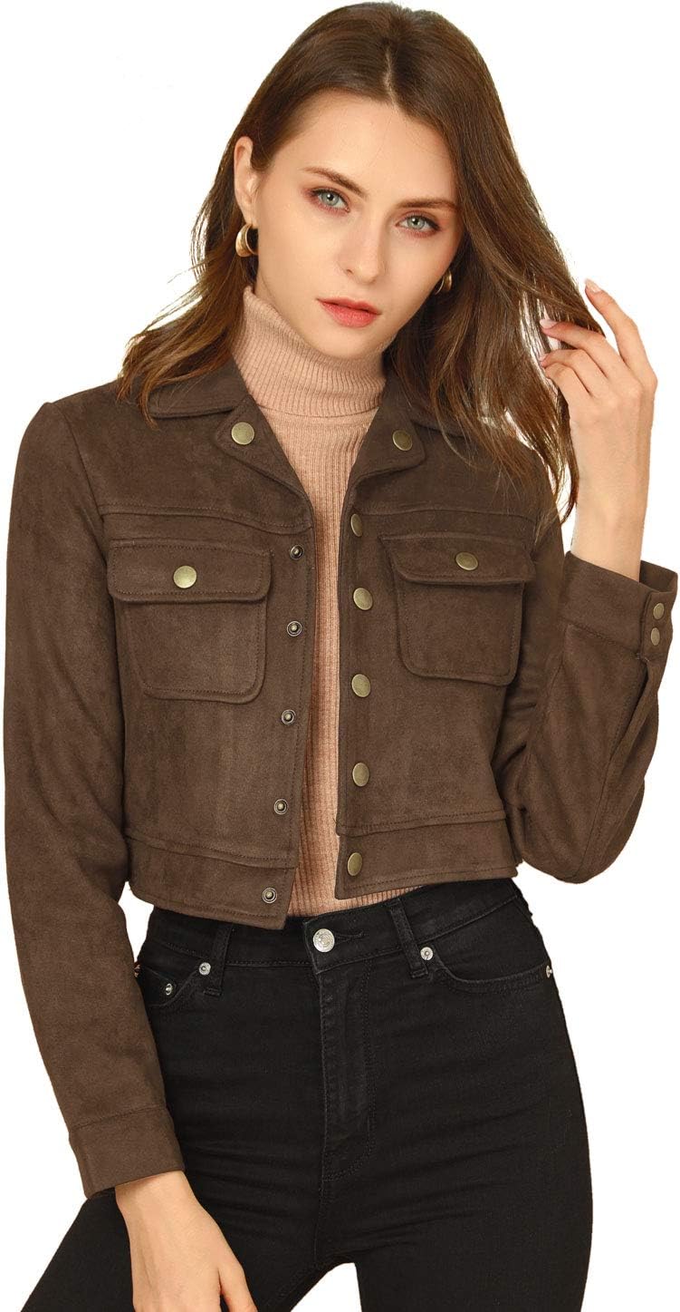 Allegra K Women's Faux Suede Jacket Button Down Collar Pockets Crop Moto Biker Coat