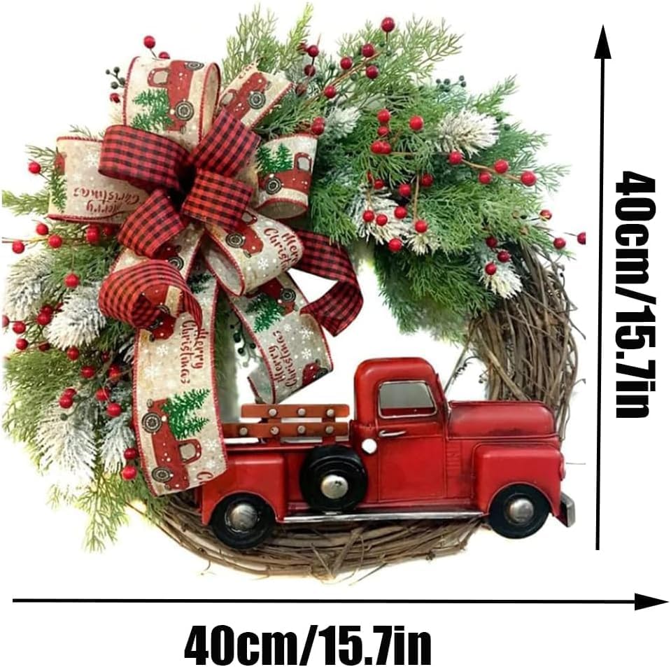 Miniatura 6 de Corona de Navidad para puerta delantera, camión rojo, corona de Navidad, corona de granja de otoño, corona para puerta de casa de interior y