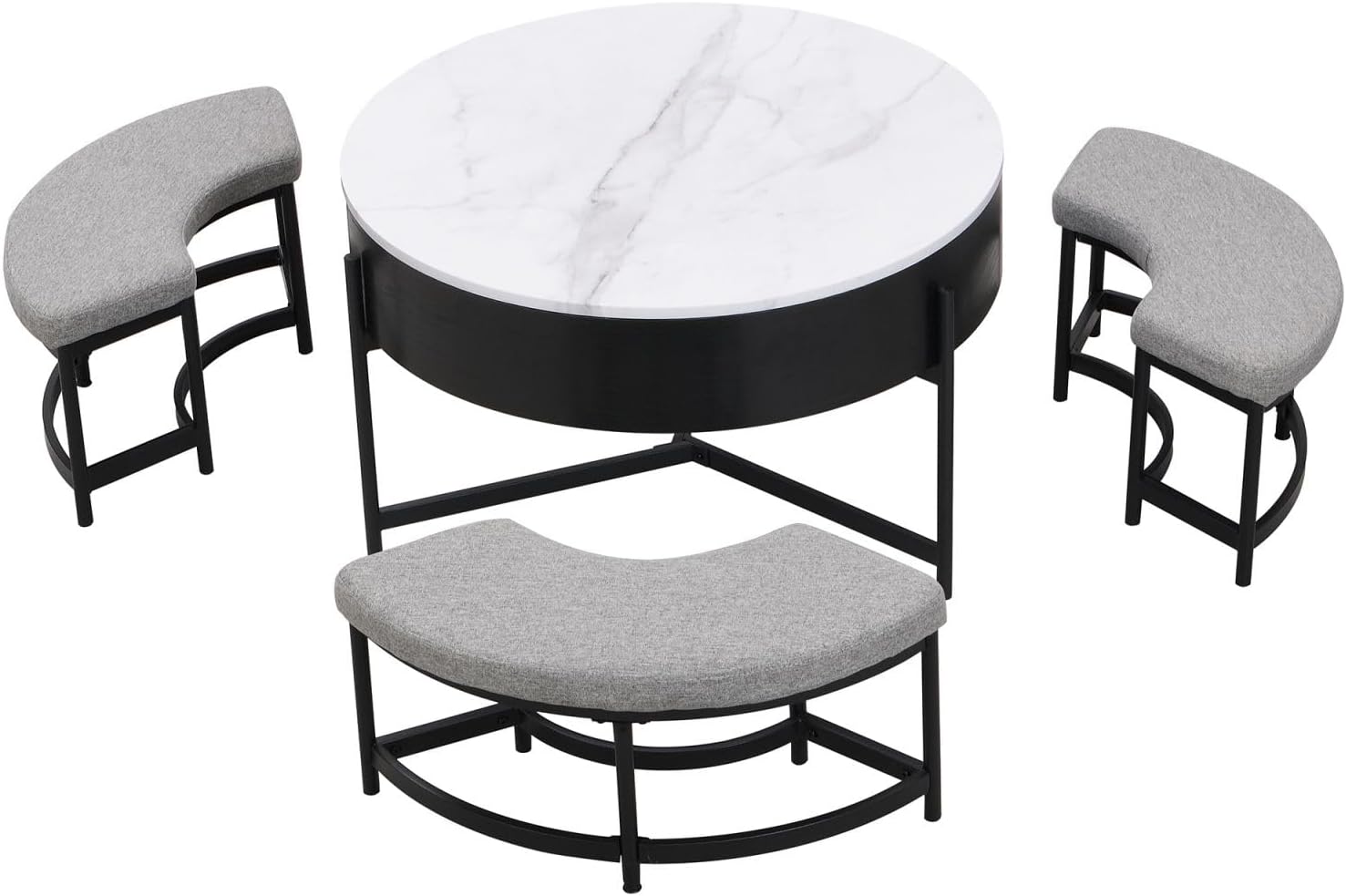 KEVINSPACE Lift Top Round Coffee Table with Stools, Nesting CoffeeTable Set, Black CoffeeTable with Hidden Storage Compartment, Faux Marble CoffeeTable for Living Room, Home, Office 31.5"