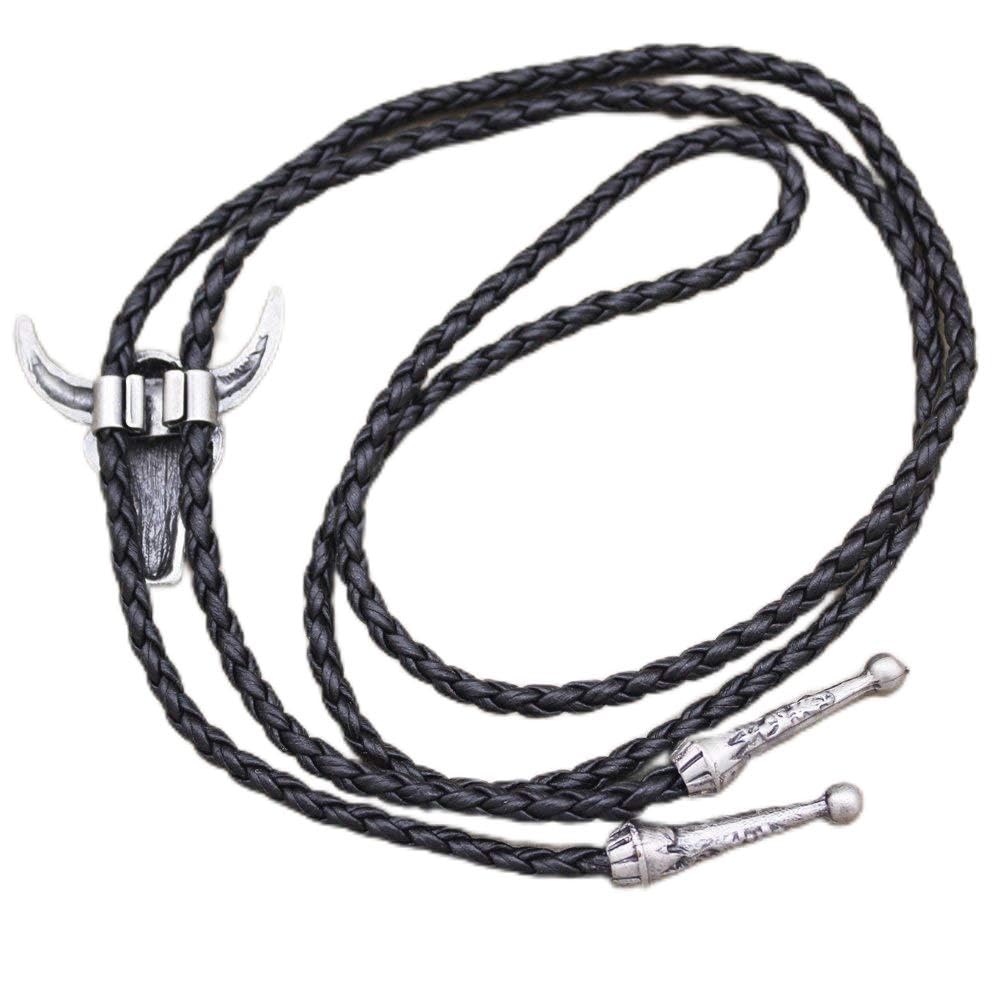 RechicGu Men's Vintage Gold Western Texas Longhorn Buffalo Steer Cow Skull Leather Rodeo Bolo Tie Necktie