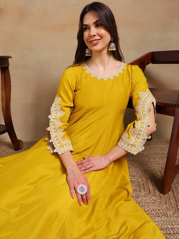 Image of Vaamsi Women's Silk Blend Solid Embroidered Anarkali Kurta Pant with Dupatta Set With Cotton Inner