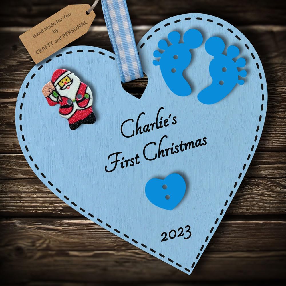 Multi-Colour Personalised Baby's First 1st Christmas Bauble tree decoration wooden heart hanging ornament keepsake gift for boy or girl (Blue #1)