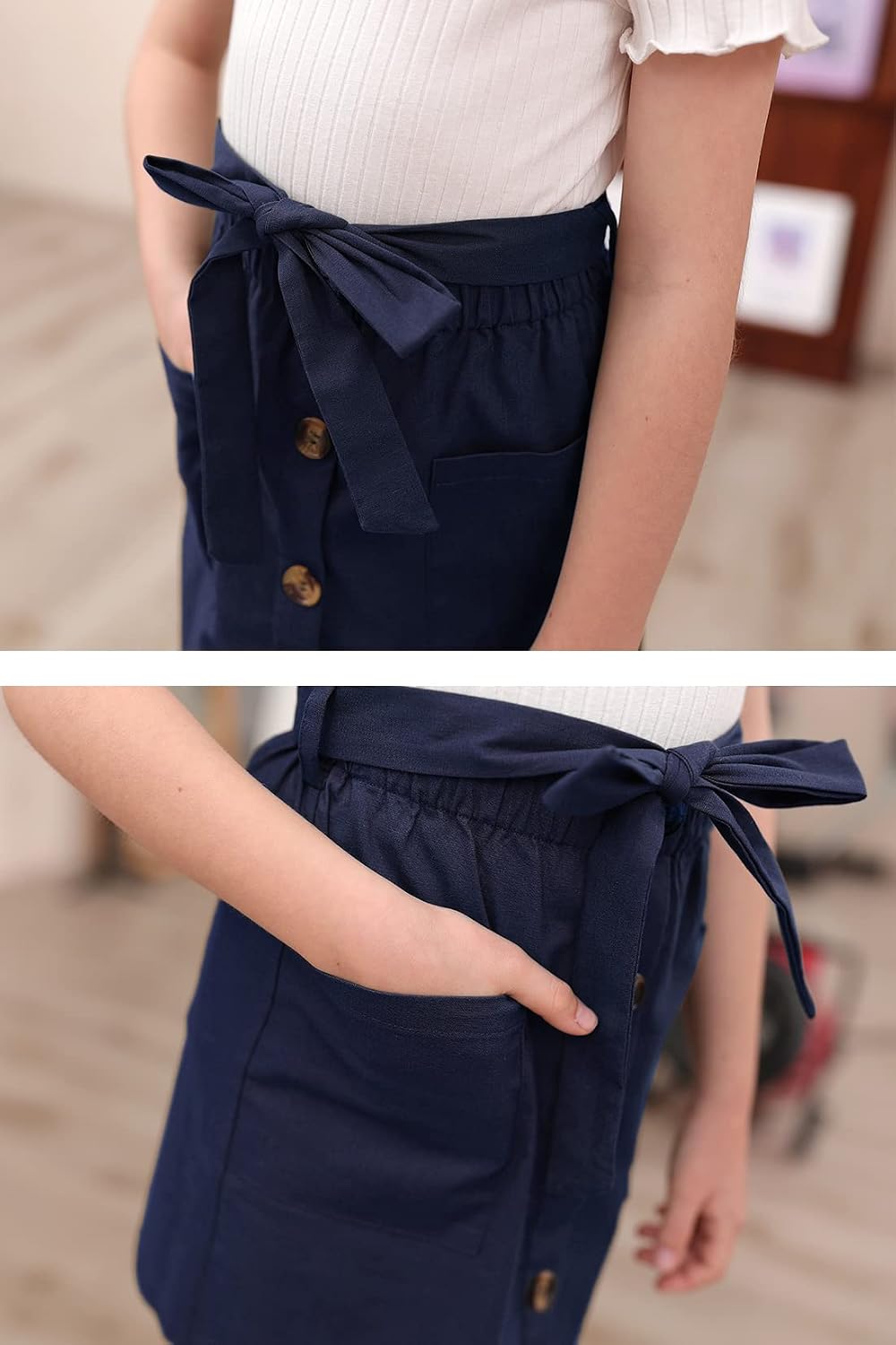 GORLYA Girls Paper Bag Elastic Waist Button Trim Front Belted Skirts with Pockets 4-14T