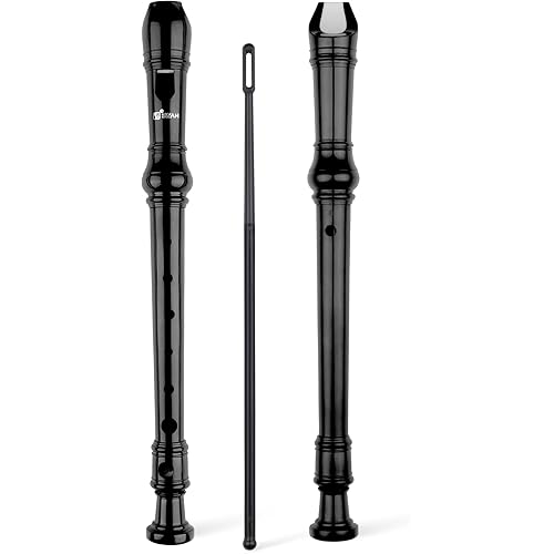 Soprano Recorder Instrument for Beginners Student - Baroque Style 8 Hole Flute Detachable 3pcs Descant Recorder with Cleaning Rod and Fingering Chart for Kids over 6 Years Old, Black
