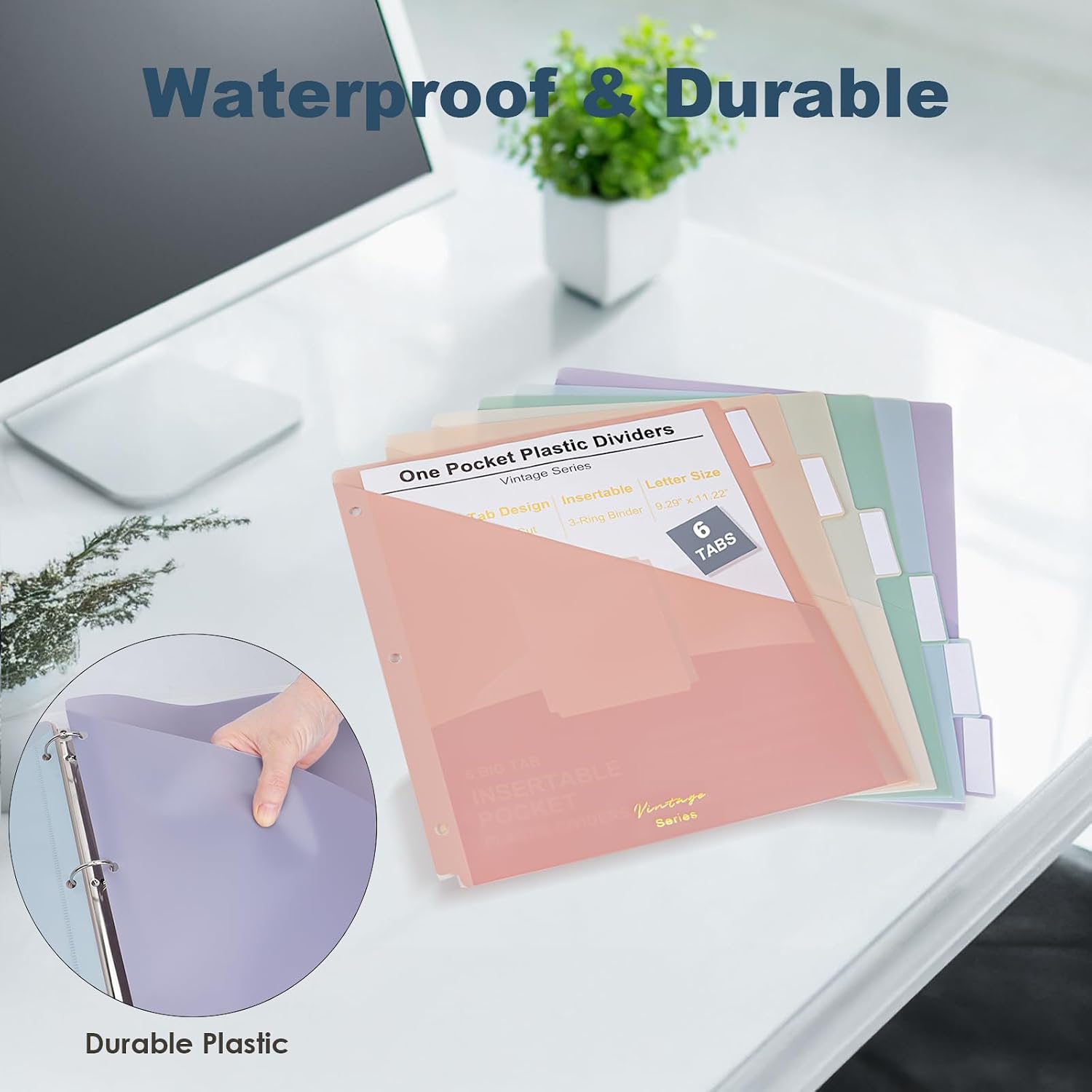 6 Tabs Binder Dividers with Pockets, Binder Dividers with Tabs for 3 Ring Binder Letter Size, Durable Plastic Binder Organizer, Vintage, 2 Sets thumbnail