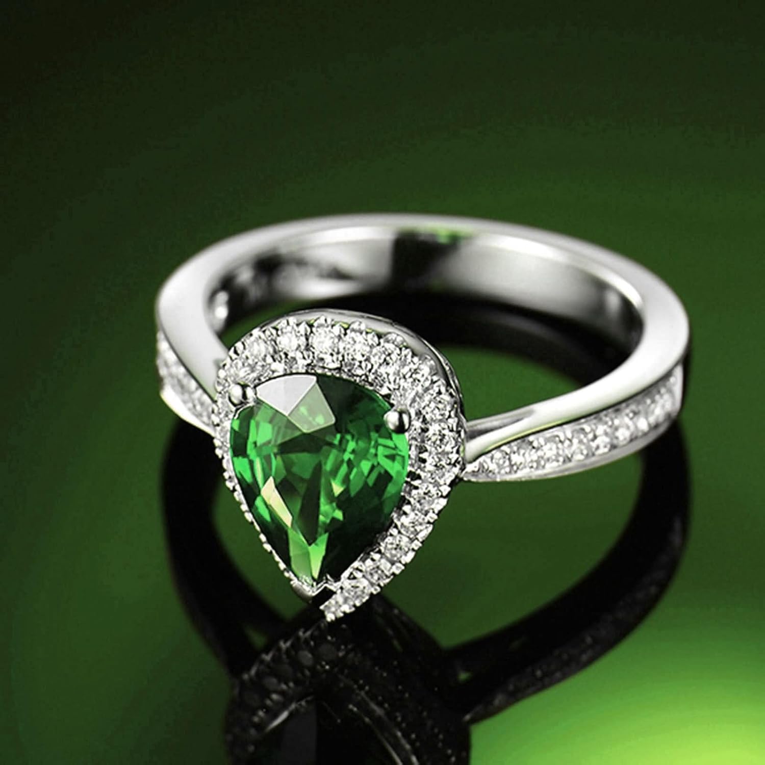 Women Rings Sterling Silver,Womens Rings 3 Claws Water Drop with Green Cubic Zirconia Women's Engagement Rings Silver