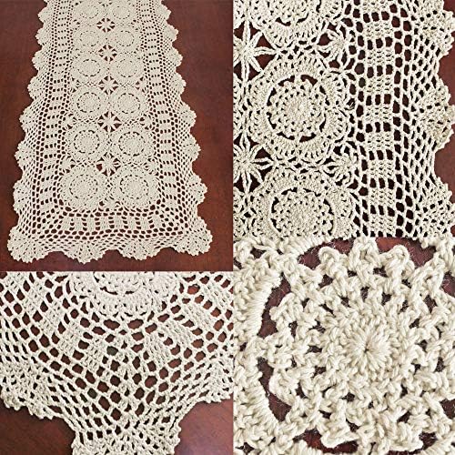 KEPSWET Cotton Handmade Crochet Lace Table Runner Beige Rectangle Coffee Table Dresser Decor (40cm x 120cm, Beige)