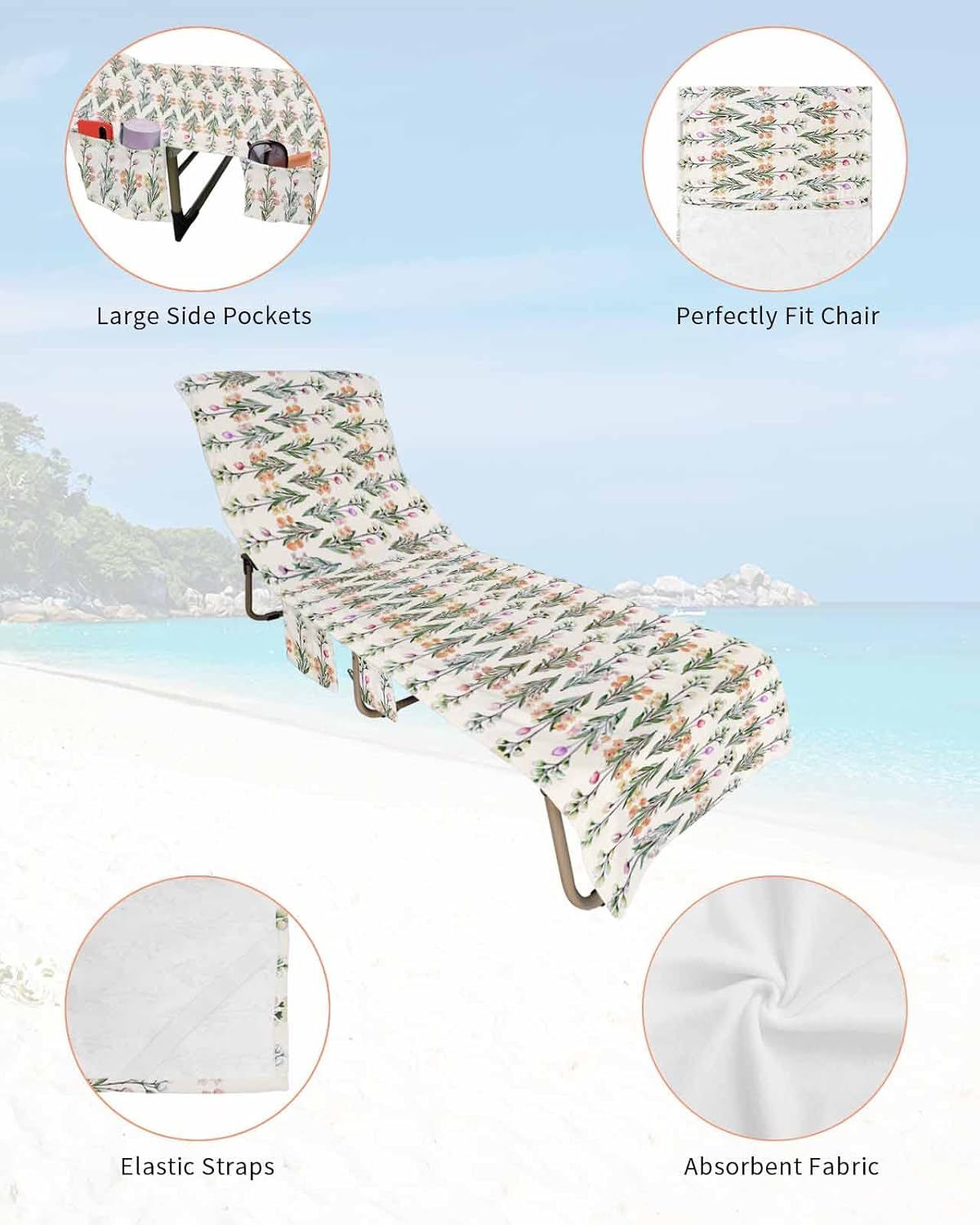 Country Rustic Flower Beach Pool Patio Lounge Chaise Chair Cover Towel With Pockets,Absorbent & Quick Dry Microfiber Towel Cover Bag Summer Accessories for Sunbathing Spring Summer Floral Plant Herb