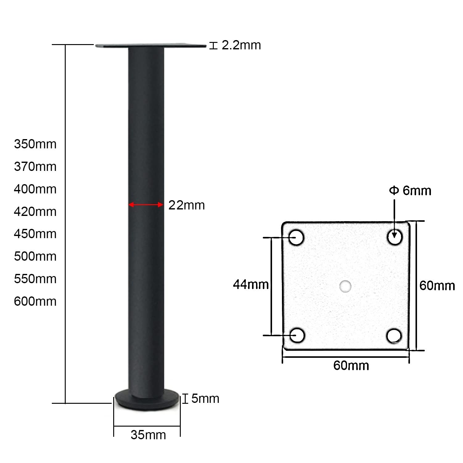 Metalowe nóżki meblowe, Regulowane nóżki meblowe ze stali nierdzewnej Stopki podtrzymujące(Black,500mm 4Pcs)