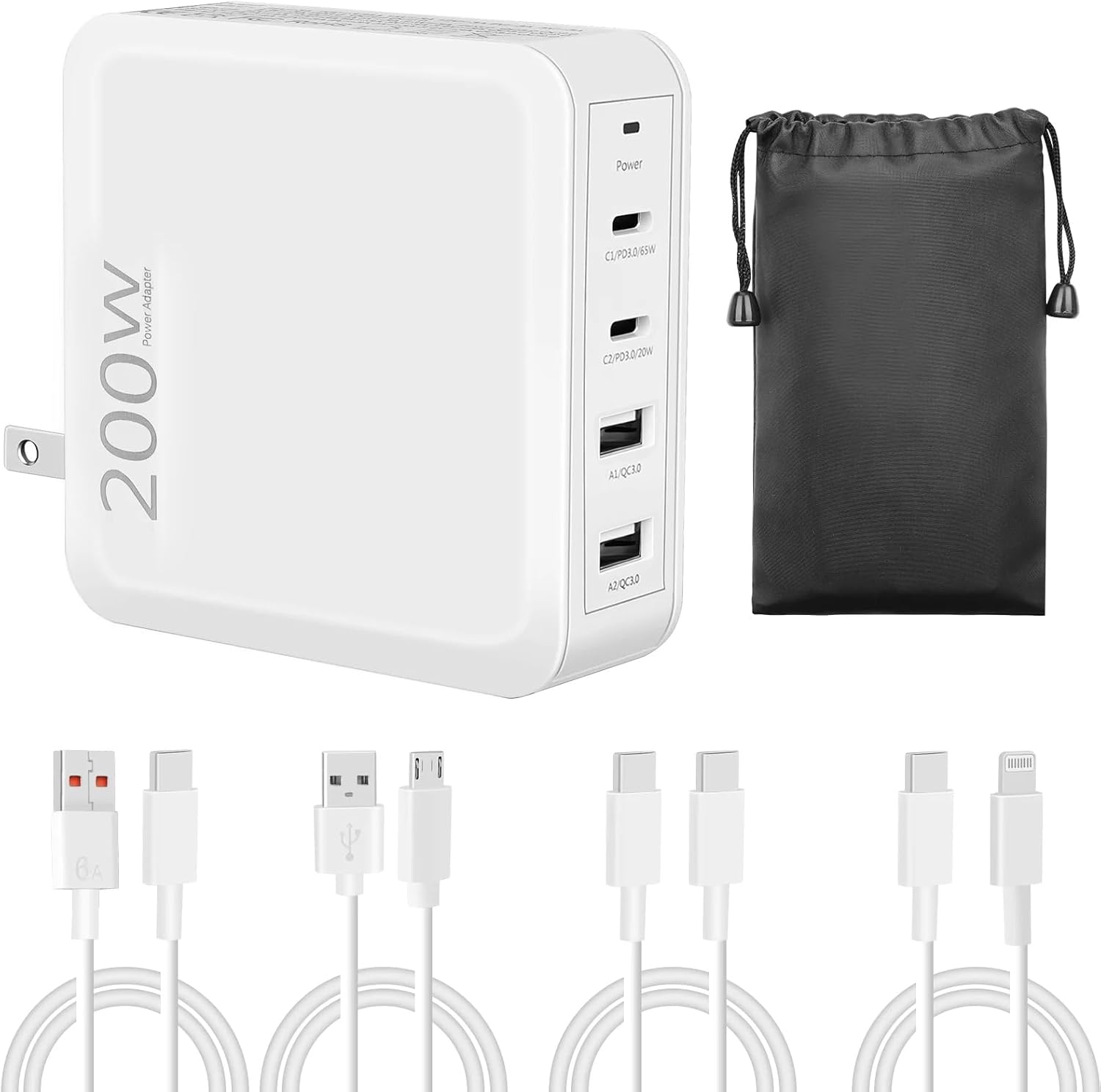 200W USB C Fast Charger, 4-Port Power Adapter for MacBook Pro/Air, iPad Pro, iPhone, Samsung Galaxy and All Type-C/Lightning/Android Device, Include 4 Charge Cable