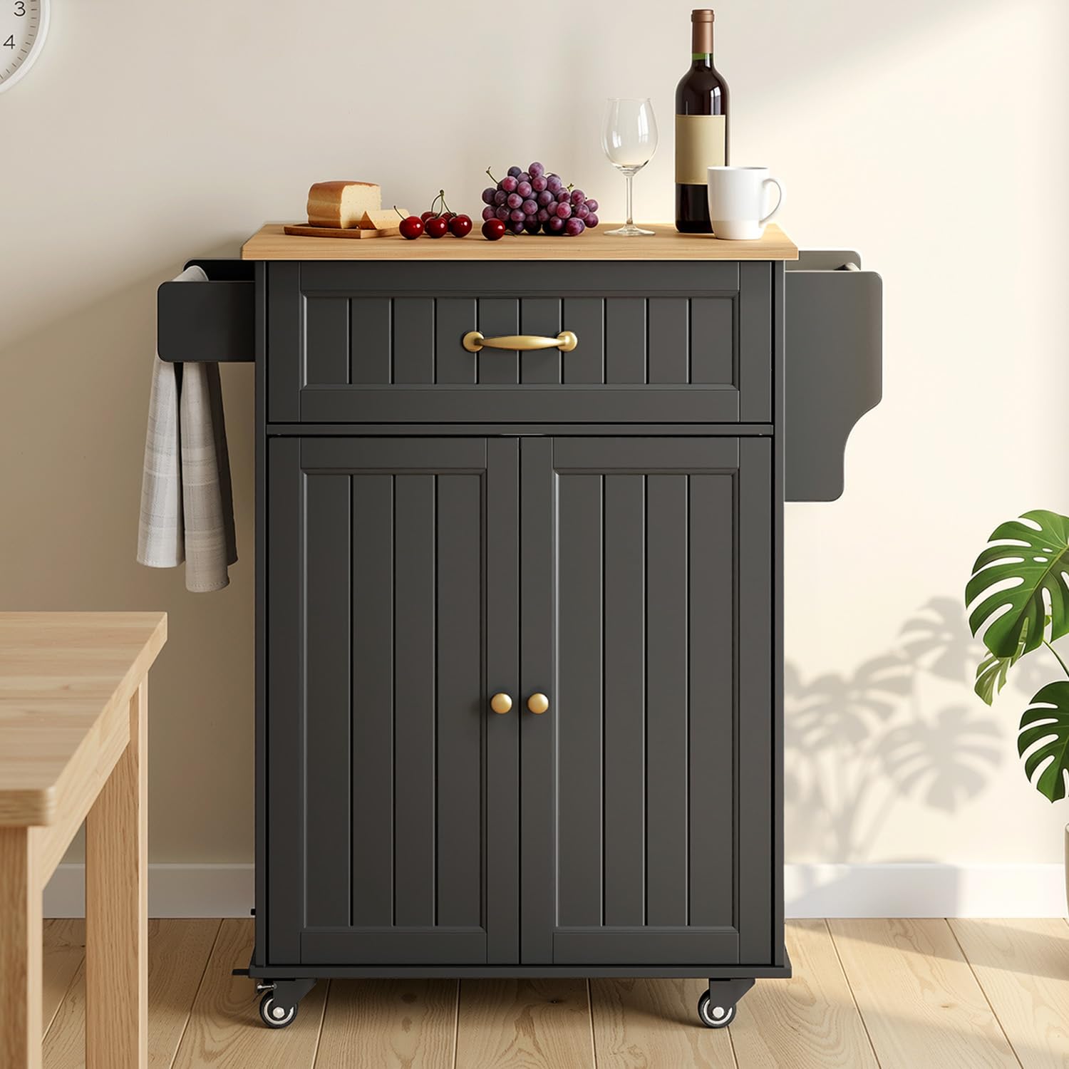 Desserte de Cuisine à roulettes, Îlot de Cuisine Mobile avec 1 Tiroir et 2 Placards, Porte-torchons, étagère réglable, pour Salle à Manger, Salon, 84 × 45 × 85 cm, Noir