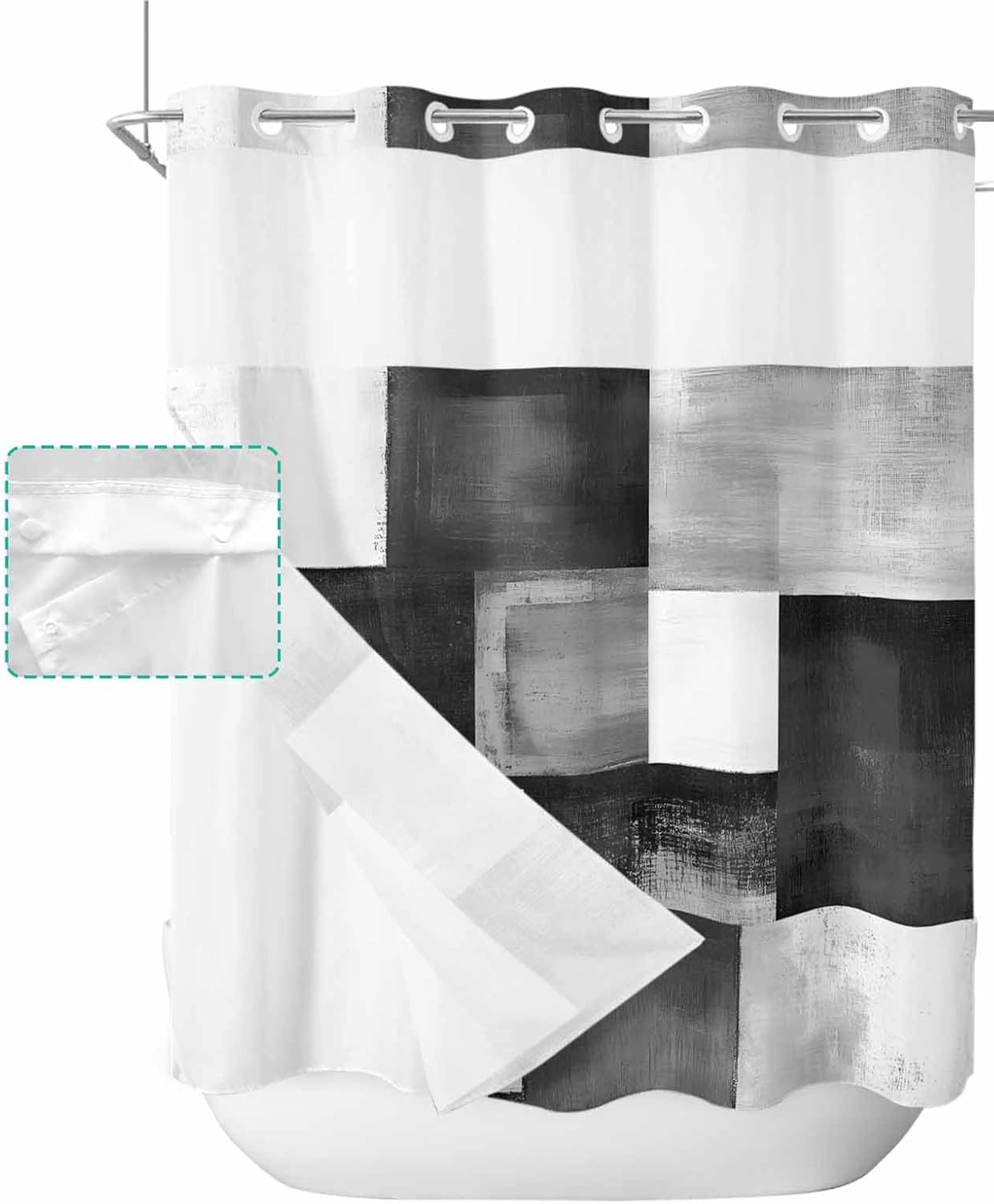 Black Grey Abstract Art No Hook Shower Curtain with Snap in Liner Rustic Shabby Color Block Plaid Shower Curtain for Bathroom, Fabric Waterproof Inner Liner, Hotel Style with Mesh Top Window, 72x72