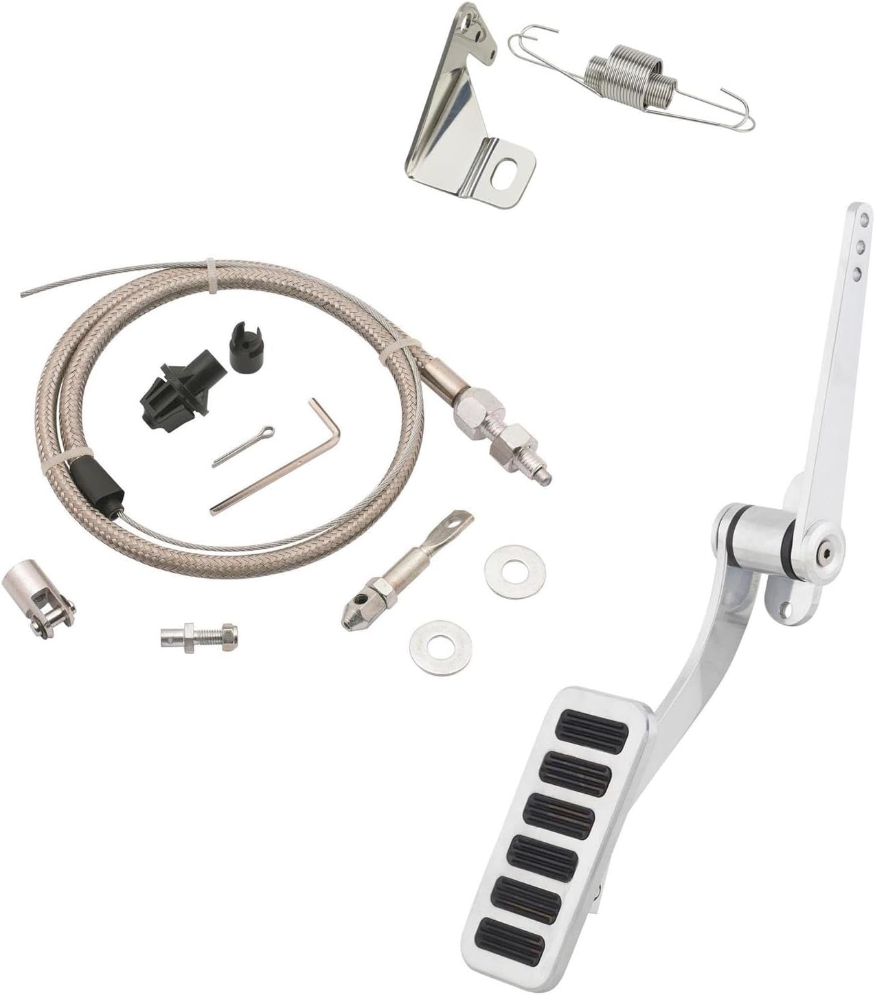Speedway Motors Polished Aluminum Throttle Pedal Kit with Stainless Braided Cable and Carburetor Bracket, Firewall Mount, Adjustable Arm and Non-Slip Pedal Inserts