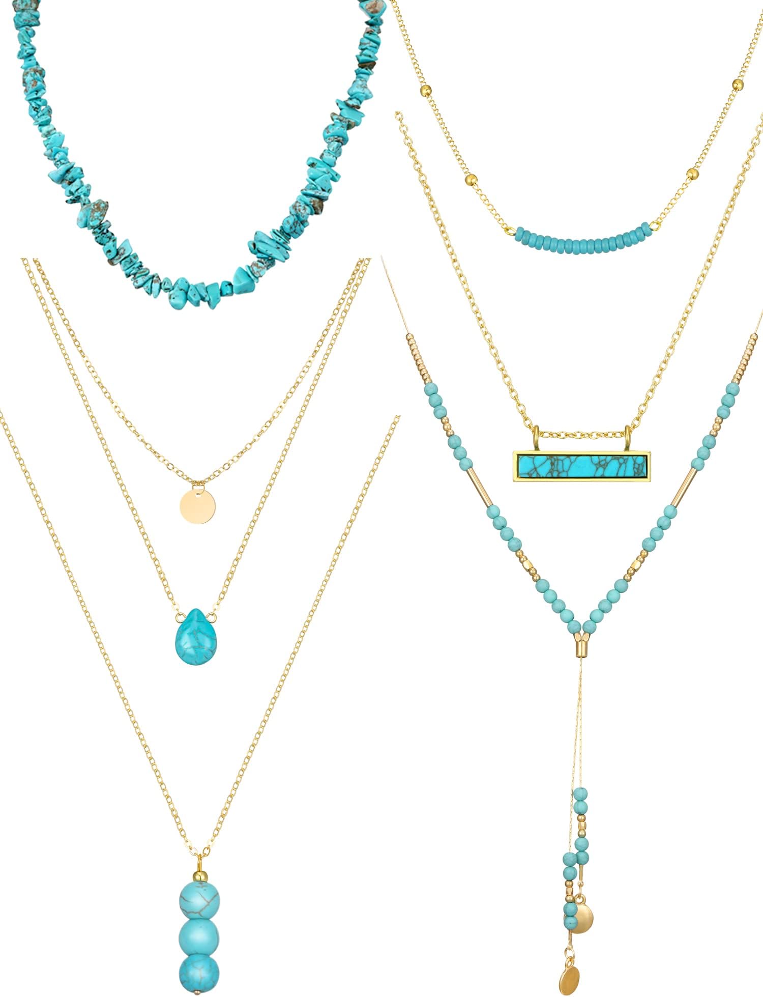 6 Pcs Turquoise Jewelry for Women Western Jewelry Boho Necklaces Gold and Turquoise Necklace Suede Choker Long Chain Tassels