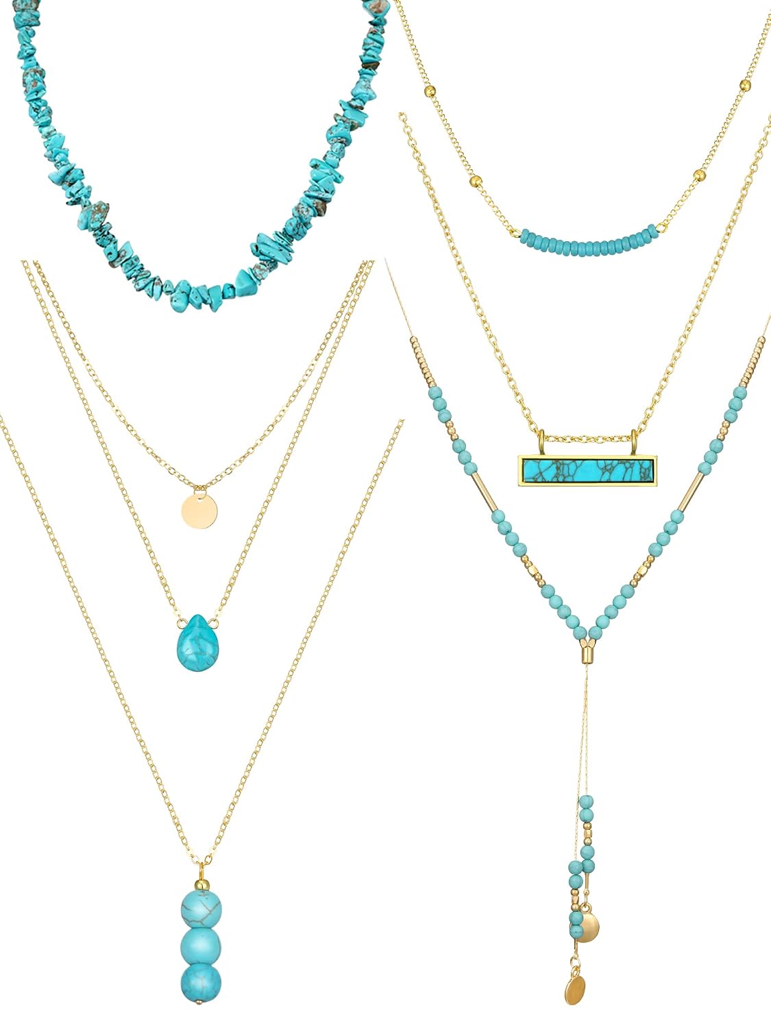 Estune 6 Pcs Western Jewelry for Women Gold and Turquoise Jewelry for Women Gold Plated Beaded Heart Choker Boho Teal Necklaces