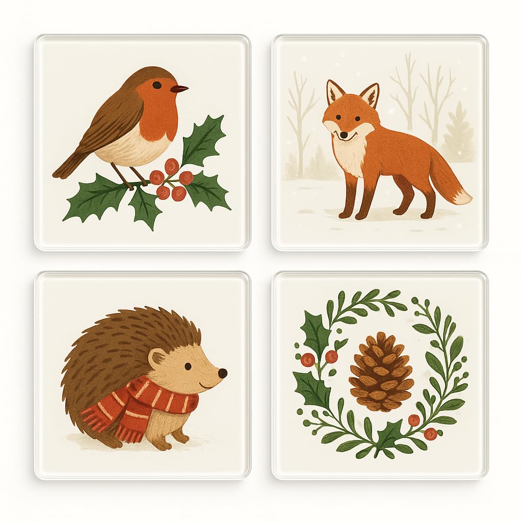 The Plum Penguin Countryside Cheer Acrylic Christmas Coaster Gift Set Of 4 With Festive Designs - Christmas Home Decor For Holiday Gatherings