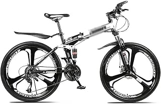 JAMCHE 26 inch Folding Mountain Bike High Carbon Steel Full Suspension MTB Bicycle for Adult Double Disc Brake Outroad Mountain Bicycle for Men Woman Adult and Teens/White/21 Speed