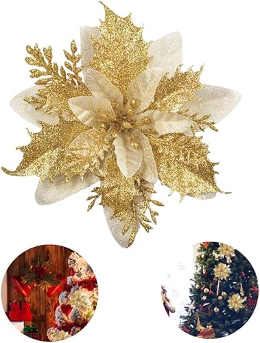 Miniatura 3 de Flores de Pascua de Navidad artificiales con purpurina, arbustos de nochebuena para decoración del árbol de Navidad, 12 unidades, flores de Navidad