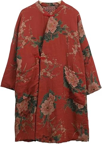 NFYM Women Cotton Jacket Kimono Soft Quilted Flower Printed Long Loose Outwear Coats with Pockets as1, alpha, one_size, plus, regular, Red
